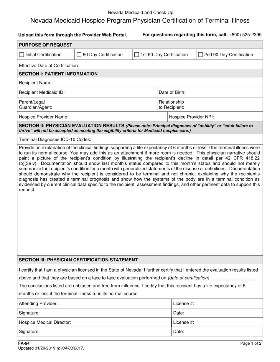 Form FA-94 Nevada Medicaid Hospice Program Physician Certification of Terminal Illness - Nevada, Page 1