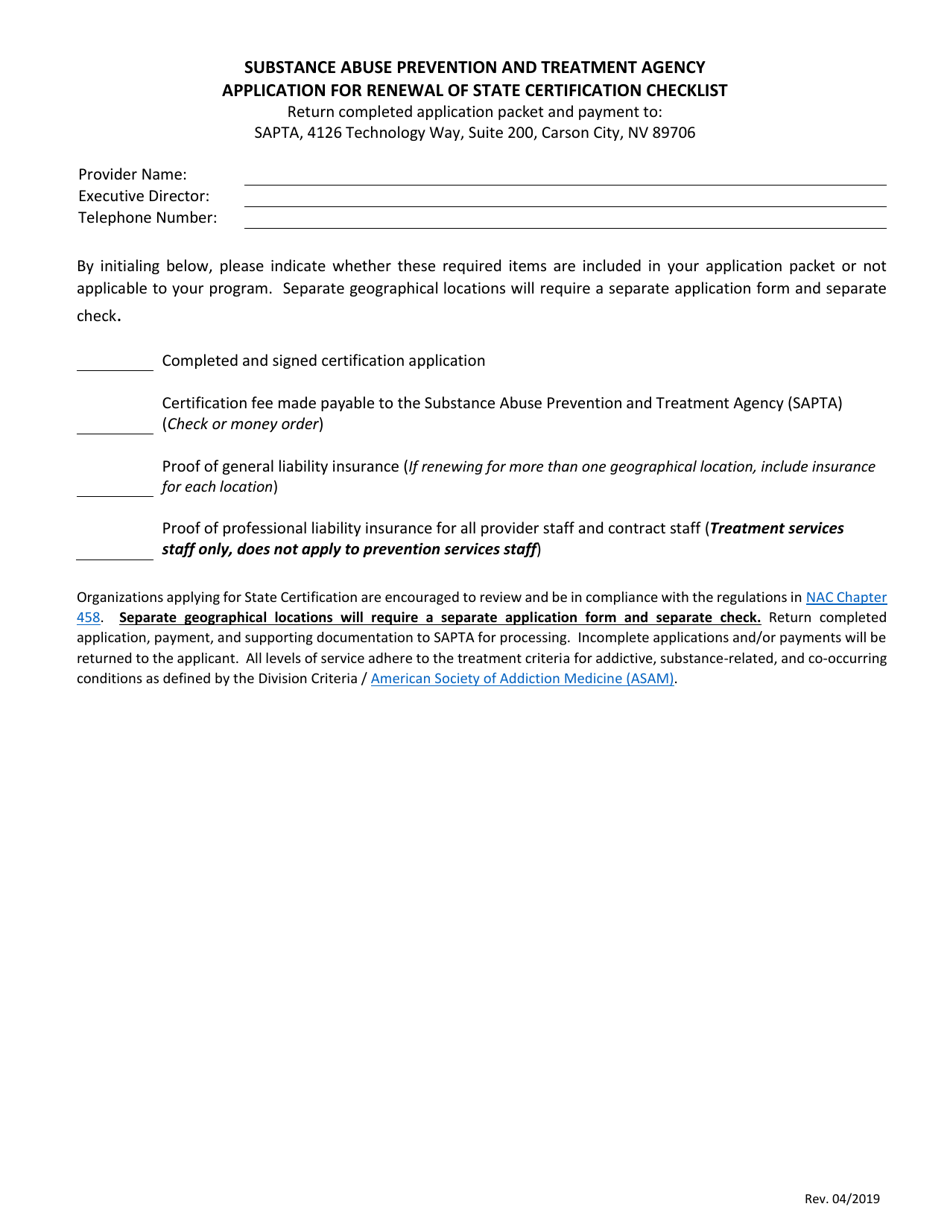 Nevada Application for Renewal of State Certification Checklist ...