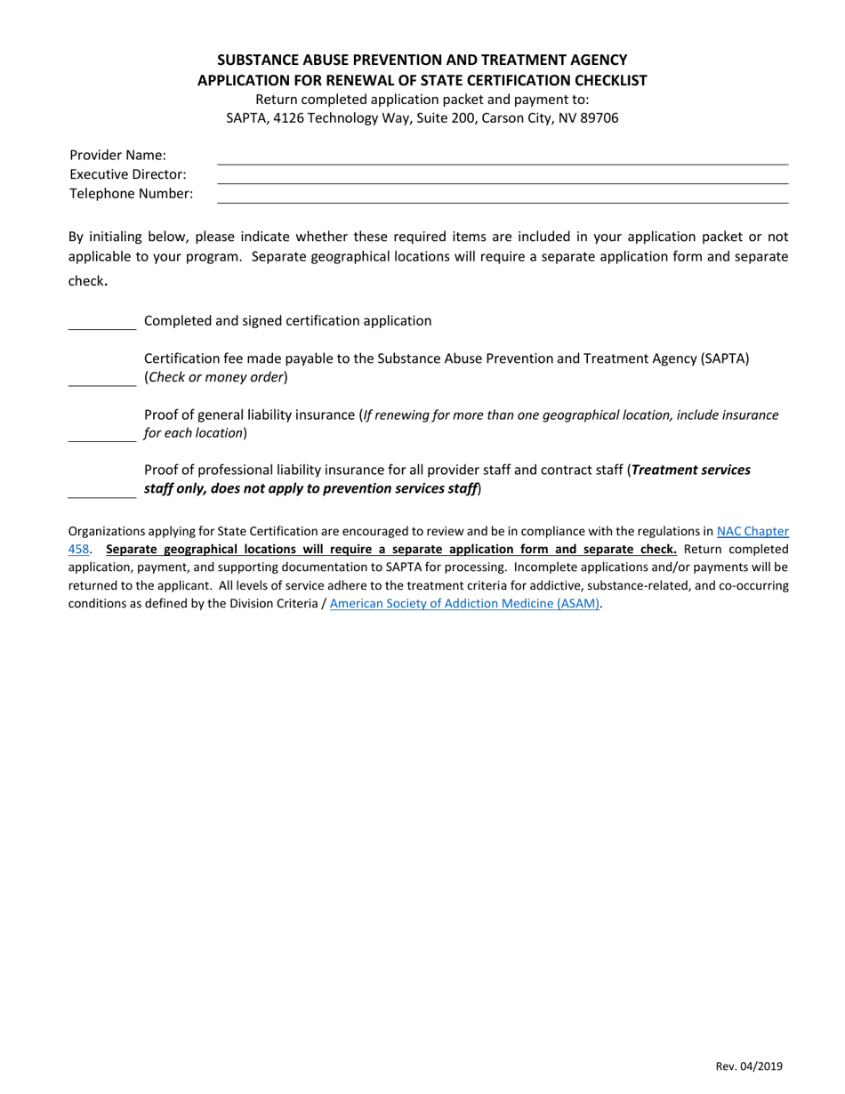 Application for Renewal of State Certification Checklist - Nevada, Page 1
