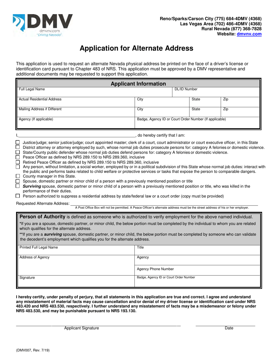 Form DMV007 Application for Alternate Address - Nevada, Page 1