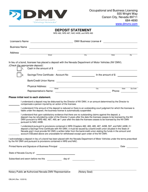 Form OBL240 Deposit Statement - Nevada