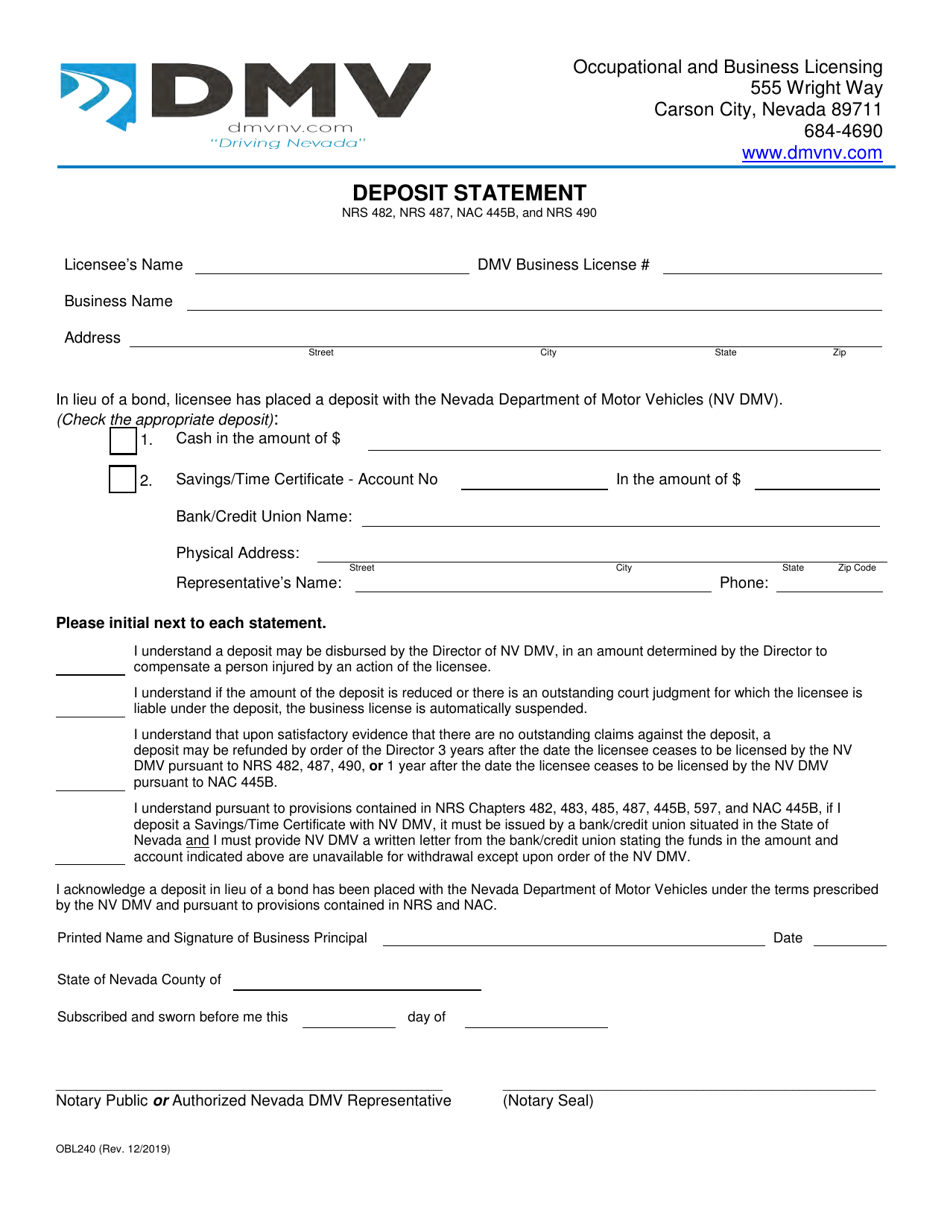 Form OBL240 Deposit Statement - Nevada, Page 1