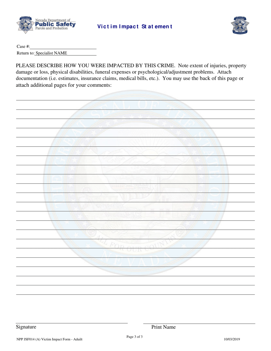 Form NPP JSF014 Victim Impact Form - Adult - Nevada, Page 3