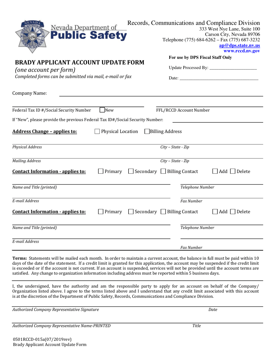 Form 0501RCCD-015A Brady Applicant Account Update Form - Nevada, Page 1