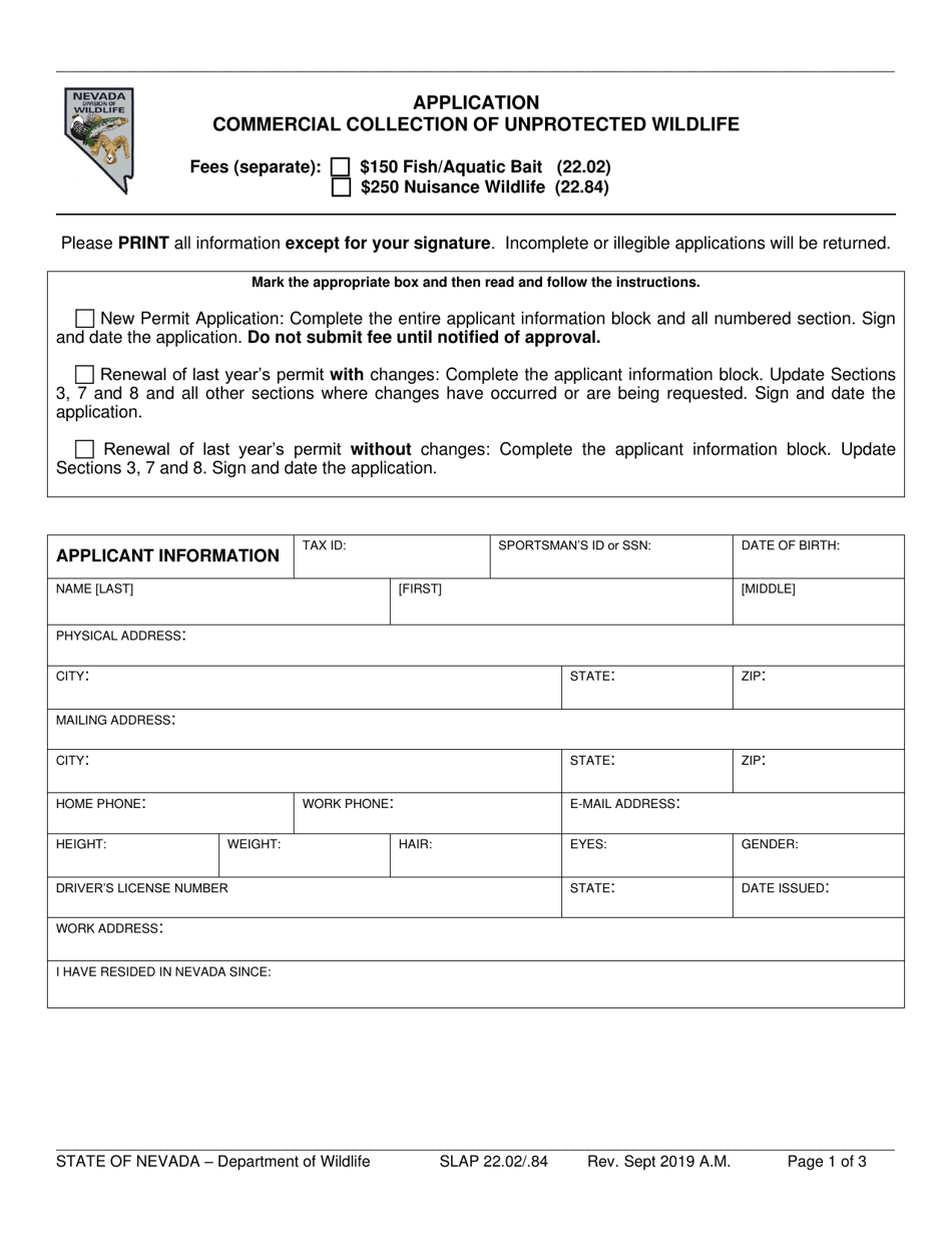 Form SLAP22.02/.84 Application for Commercial Collection of Unprotected Wildlife - Nevada, Page 1