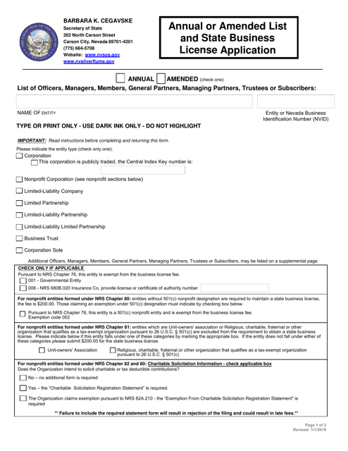 Annual or Amended List and State Business License Application - Nevada Download Pdf