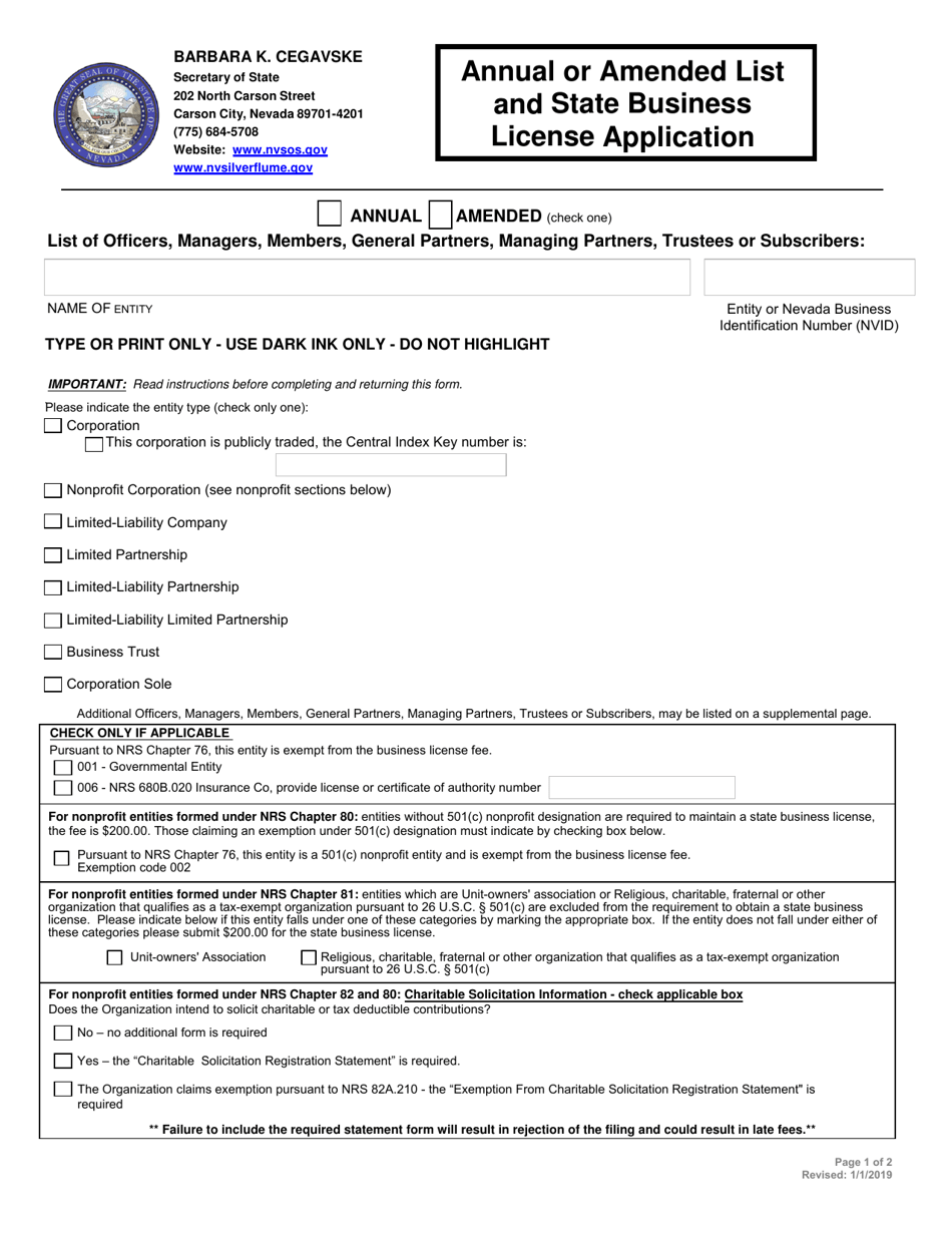 Annual or Amended List and State Business License Application - Nevada, Page 1