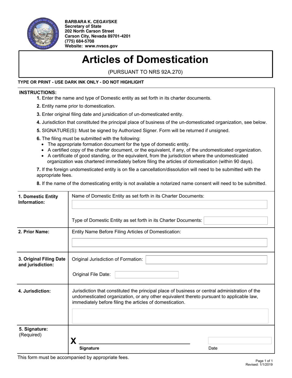 Nevada Articles of Domestication Fill Out, Sign Online and Download