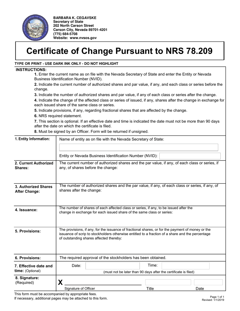 Certificate of Change Pursuant to Nrs 78.209 - Nevada, Page 1