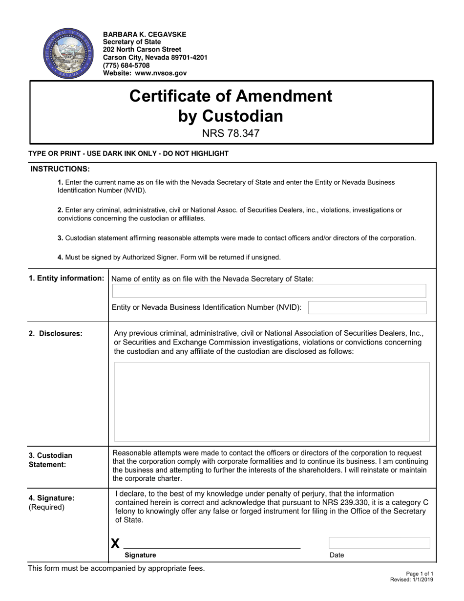 Certificate of Amendment by Custodian - Nevada, Page 1