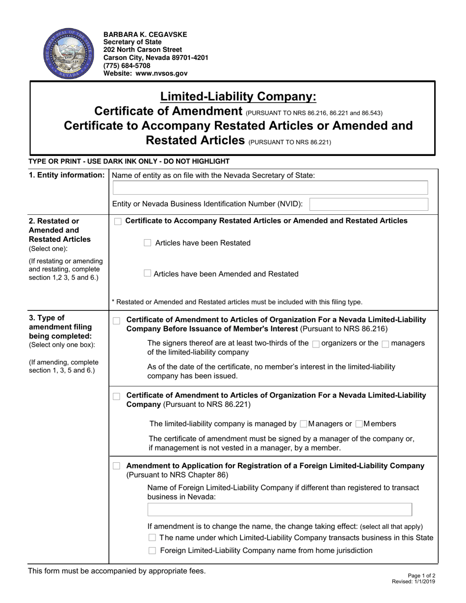 Limited-Liability Company Certificate of Amendment/Certificate to Accompany Restated Articles or Amended and Restated Articles - Nevada, Page 1
