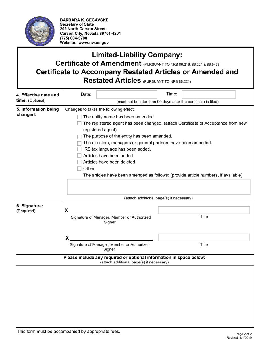 Limited-Liability Company Certificate of Amendment / Certificate to Accompany Restated Articles or Amended and Restated Articles - Nevada, Page 2