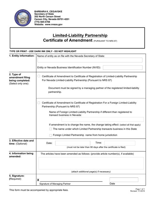 Limited-Liability Partnership Certificate of Amendment - Nevada Download Pdf
