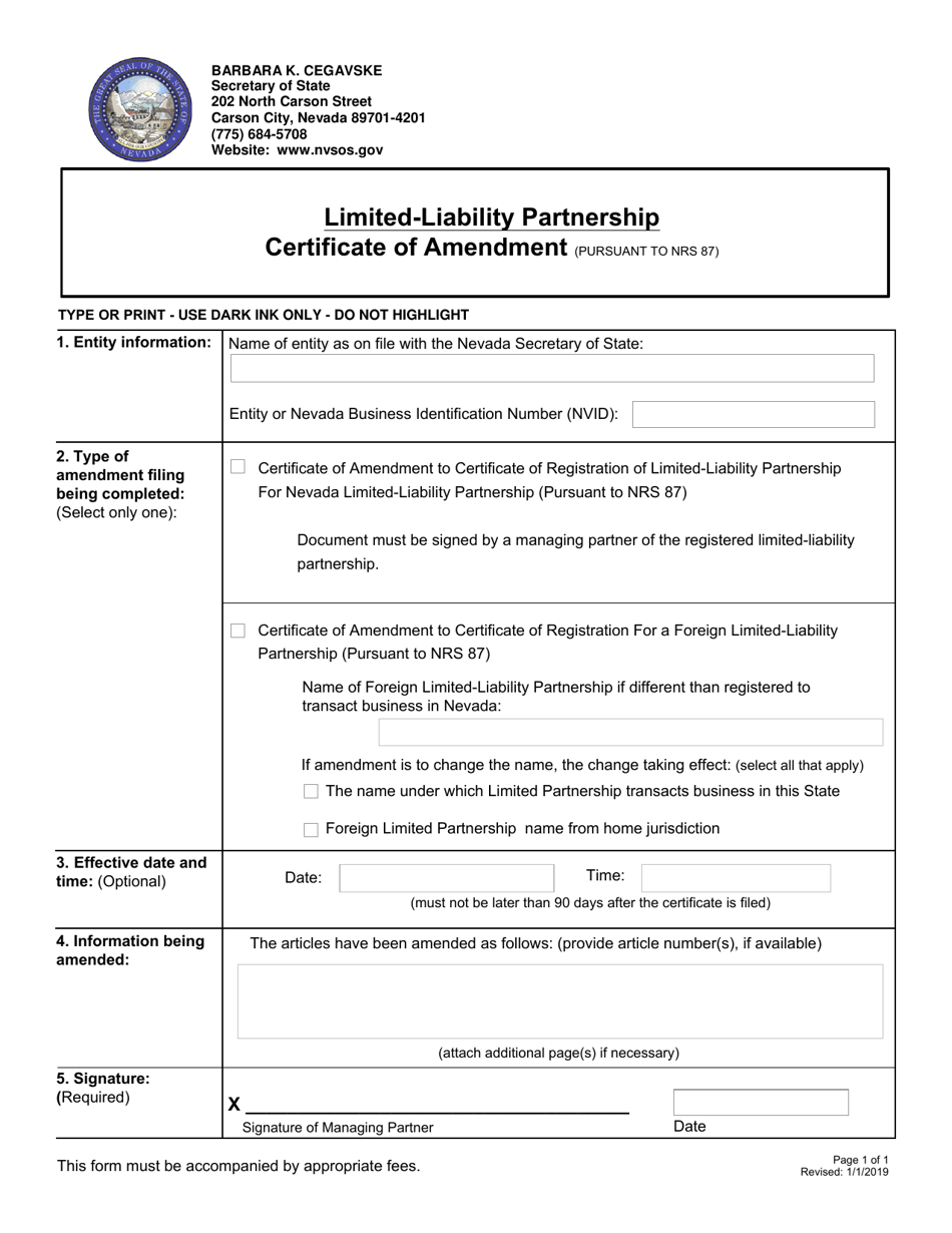 Limited-Liability Partnership Certificate of Amendment - Nevada, Page 1