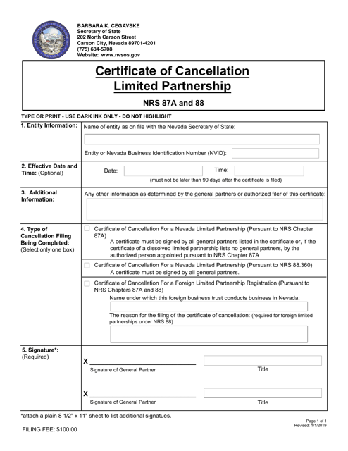 Certificate of Cancellation Limited Partnership - Nevada Download Pdf