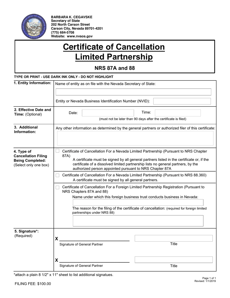 Certificate of Cancellation Limited Partnership - Nevada, Page 1