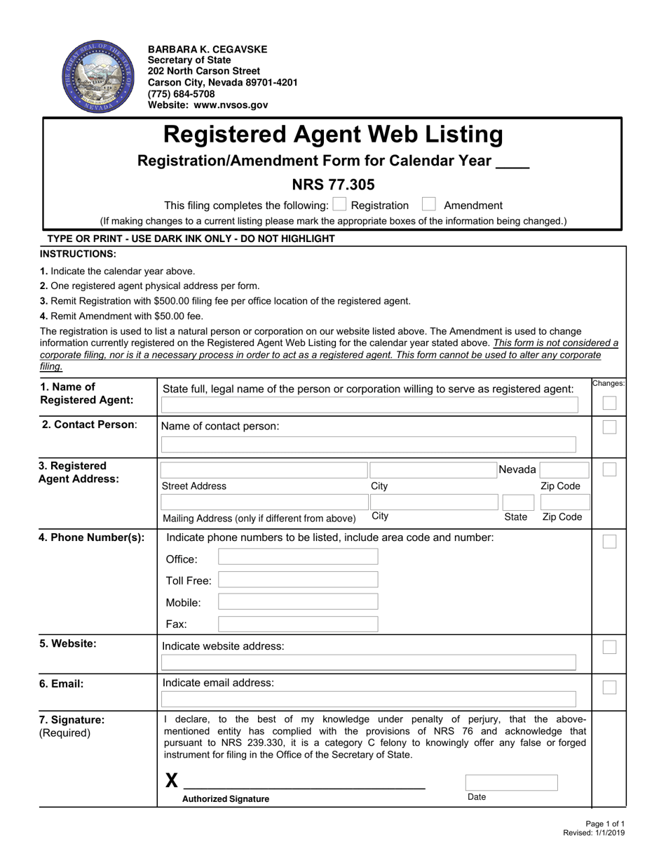 Registered Agent Web Listing Registration / Amendment Form - Nevada, Page 1