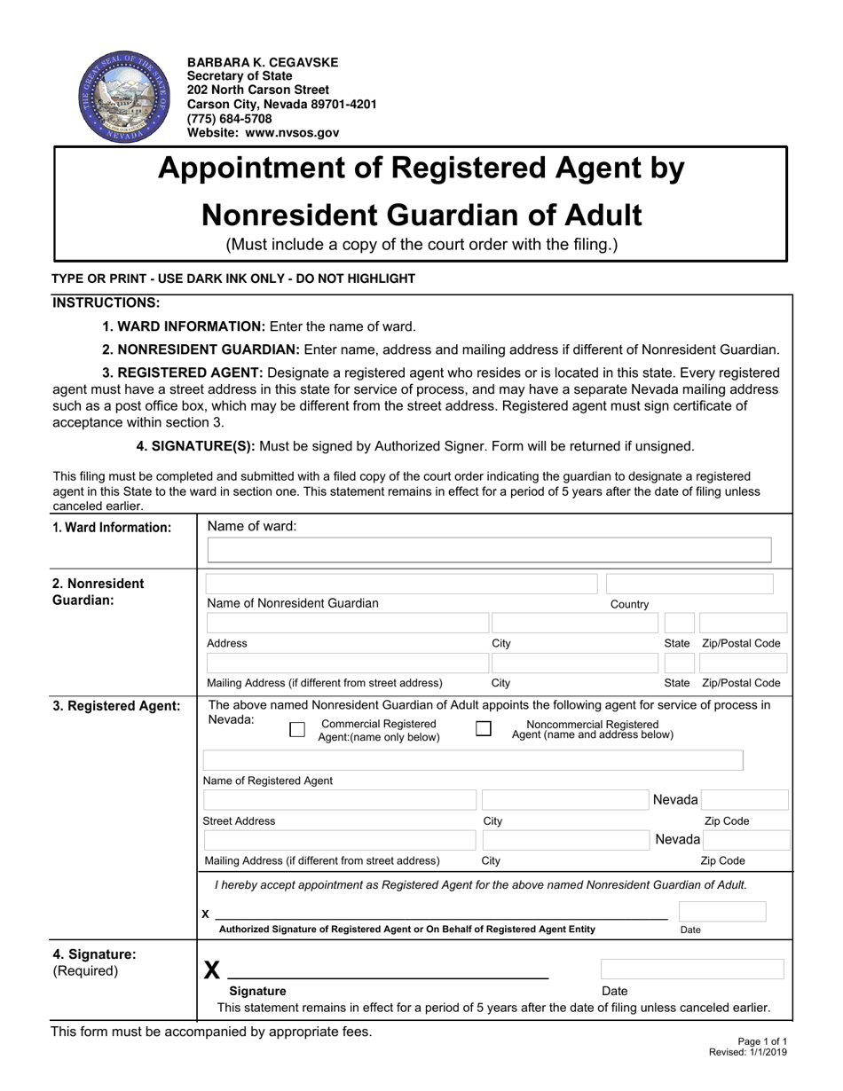 Appointment of Registered Agent by Nonresident Guardian of Adult - Nevada, Page 1