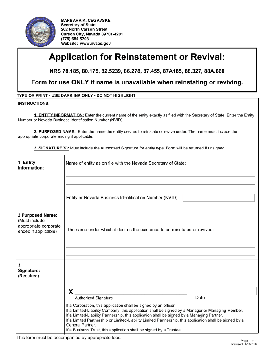 Application for Reinstatement or Revival - Nevada, Page 1