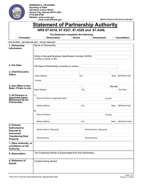 Statement of Partnership Authority - Nevada Download Pdf