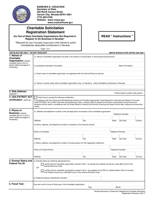 Charitable Solicitation Registration Statement (For Out-of-State Organizations Not Required to Register to Do Business in Nevada) - Nevada Download Pdf