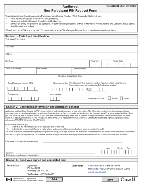 Agriinvest New Participant Pin Request Form - Canada Download Pdf