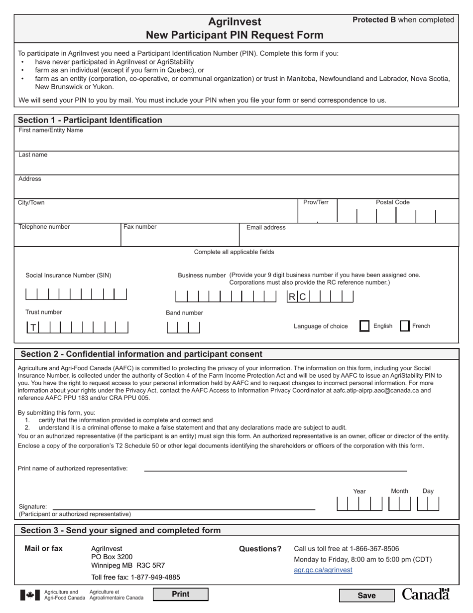 Agriinvest New Participant Pin Request Form - Canada, Page 1