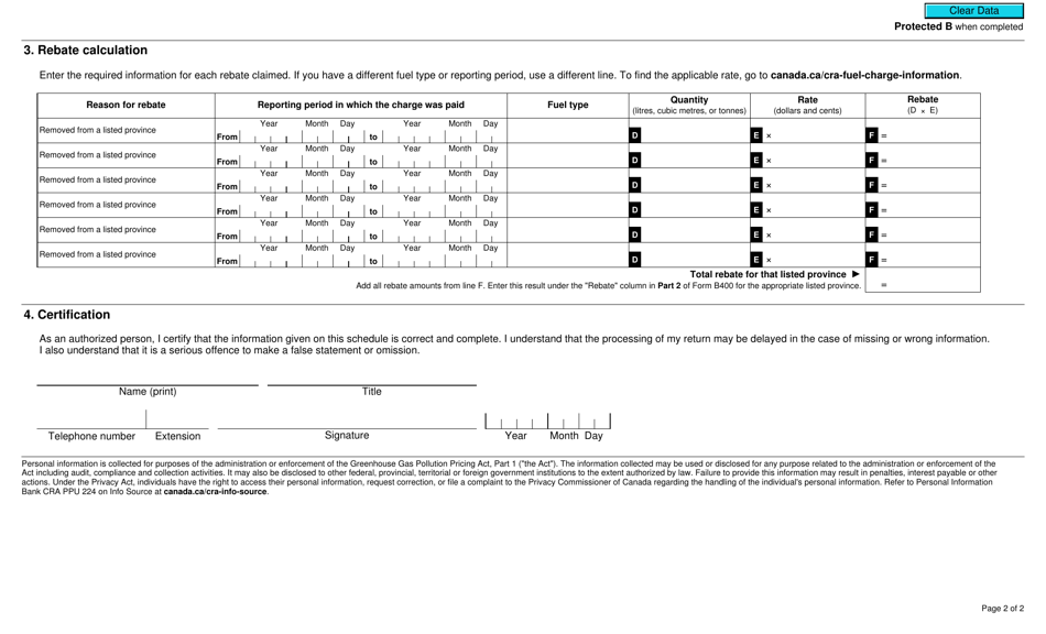Form B400-2 Fuel Charge Return Schedule - Registered Importer Under the Greenhouse Gas Pollution Pricing Act - Canada, Page 2