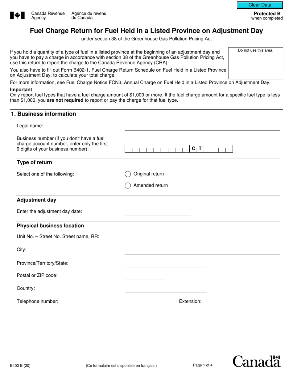 Form B402 Fuel Charge Return for Fuel Held in a Listed Province on Adjustment Day Under Section 38 of the Greenhouse Gas Pollution Pricing Act - Canada, Page 1