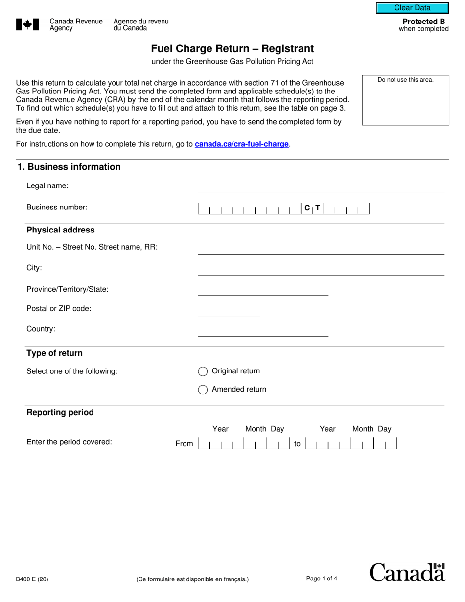 Form B400 Fuel Charge Return - Registrant Under the Greenhouse Gas Pollution Pricing Act - Canada, Page 1