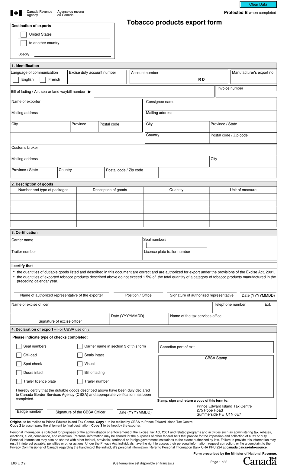 Form E60 Tobacco Products Export Form - Canada, Page 1