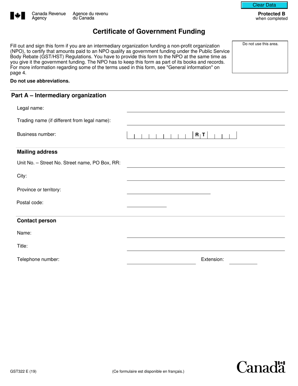 Form GST322 Certificate of Government Funding - Canada, Page 1