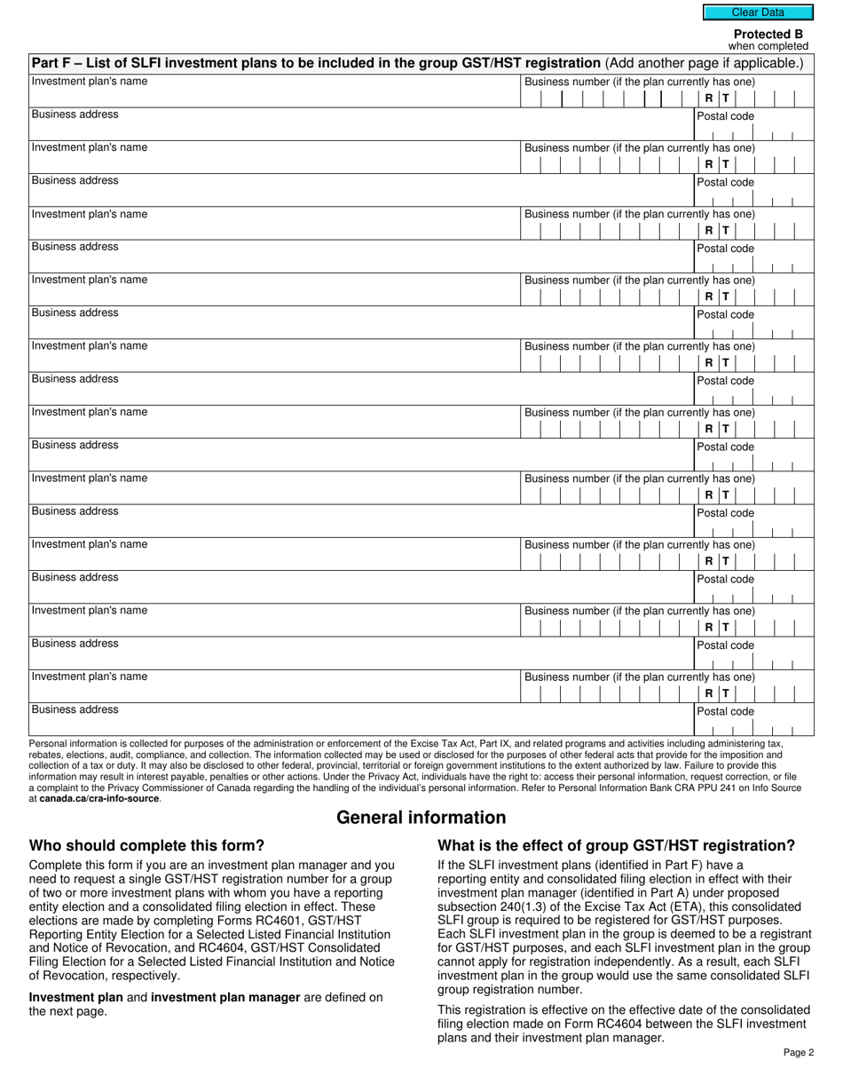 Form RC4602 Request for a Group Gst / Hst Registration Number for Selected Listed Financial Institutions With Consolidated Filing - Canada, Page 2