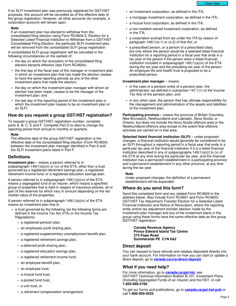 Form RC4602 Request for a Group Gst / Hst Registration Number for Selected Listed Financial Institutions With Consolidated Filing - Canada, Page 3
