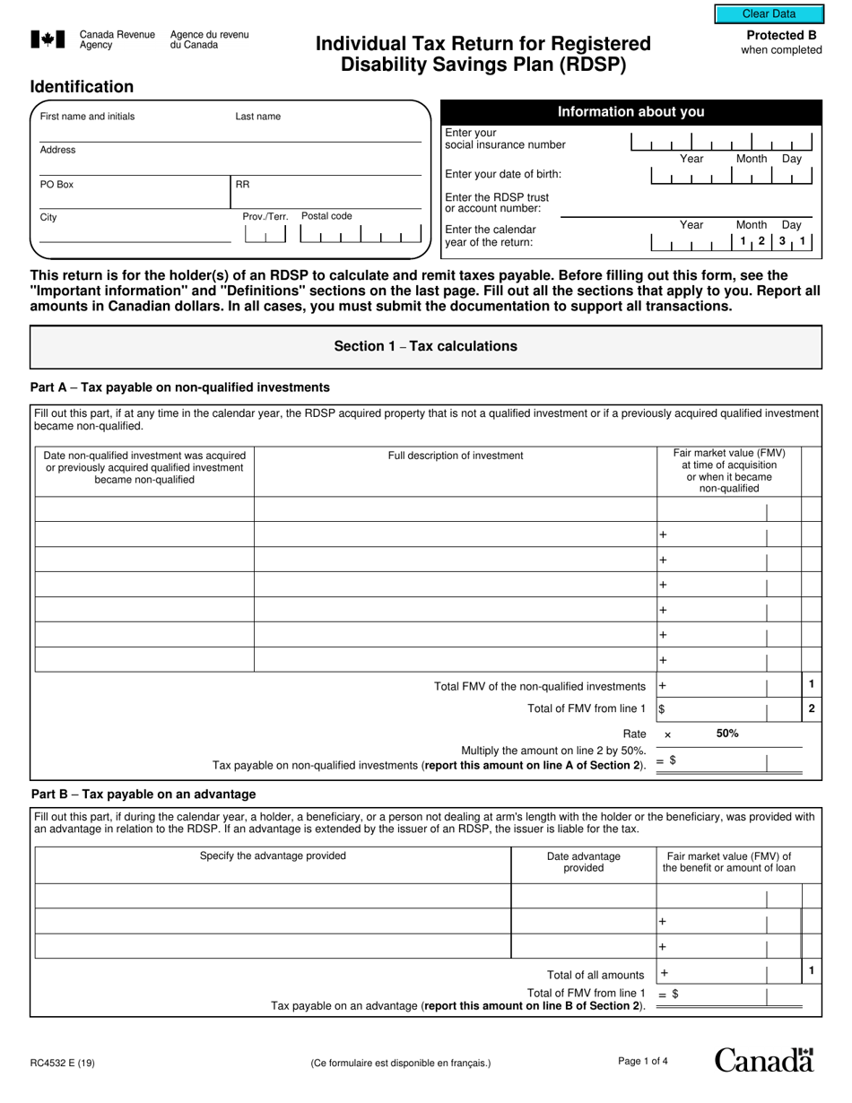 Form RC4532 Individual Tax Return for Registered Disability Savings Plan (Rdsp) - Canada, Page 1