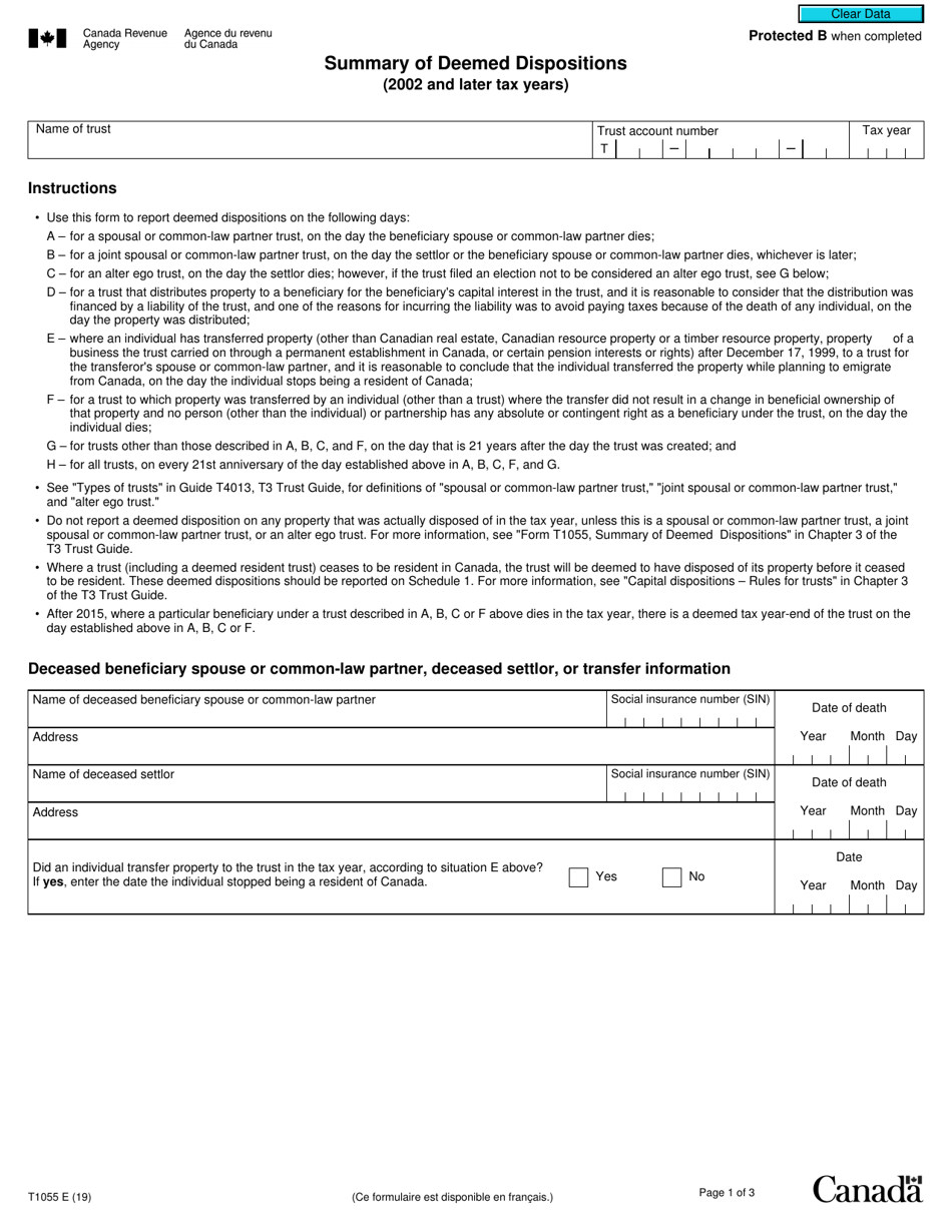 Form T1055 Summary of Deemed Dispositions (2002 and Later Tax Years) - Canada, Page 1