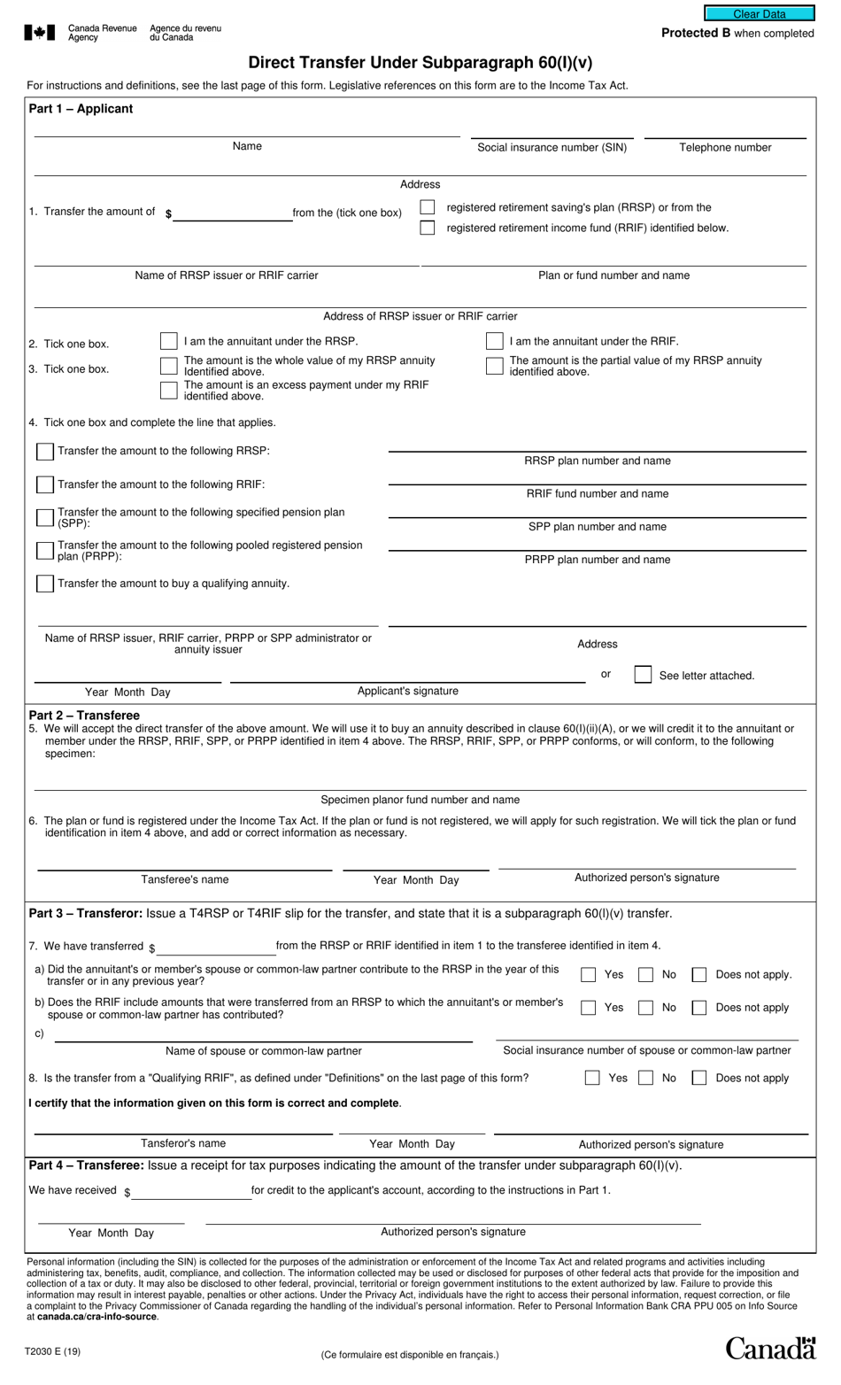 Form T2030 Direct Transfer Under Subparagraph 60(I)(V) - Canada, Page 1