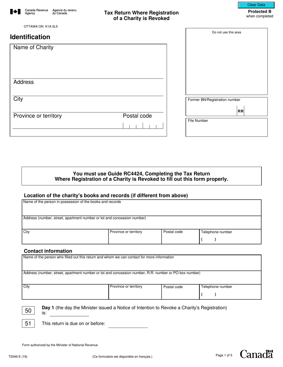 Form T2046 Tax Return Where Registration of a Charity Is Revoked - Canada, Page 1