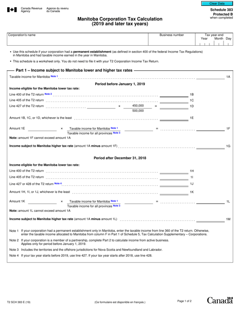 Form T2SCH383 Schedule 383 Manitoba Corporation Tax Calculation - Manitoba, Canada, 2019