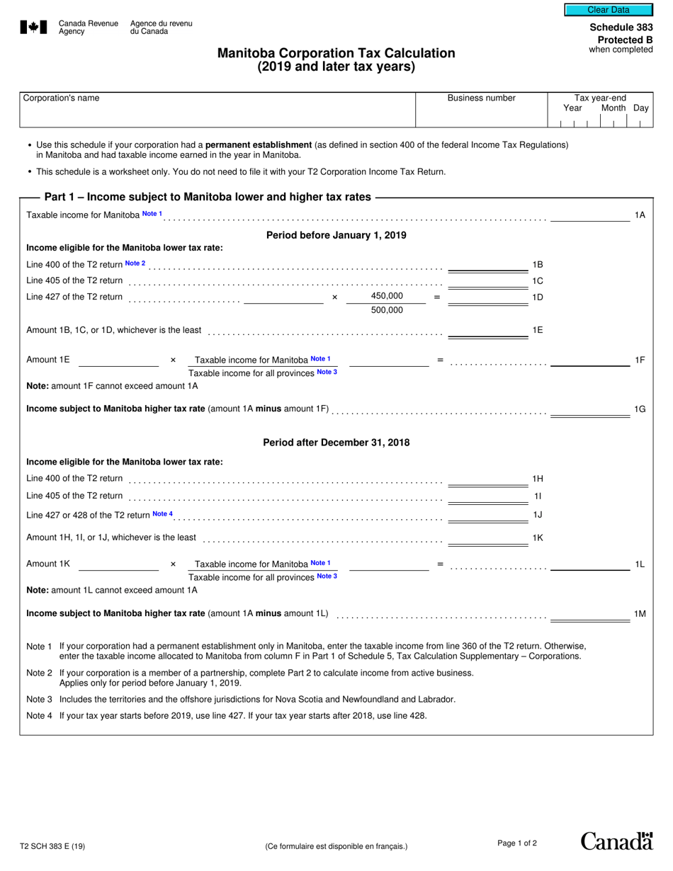Form T2SCH383 Schedule 383 Manitoba Corporation Tax Calculation - Manitoba, Canada, Page 1
