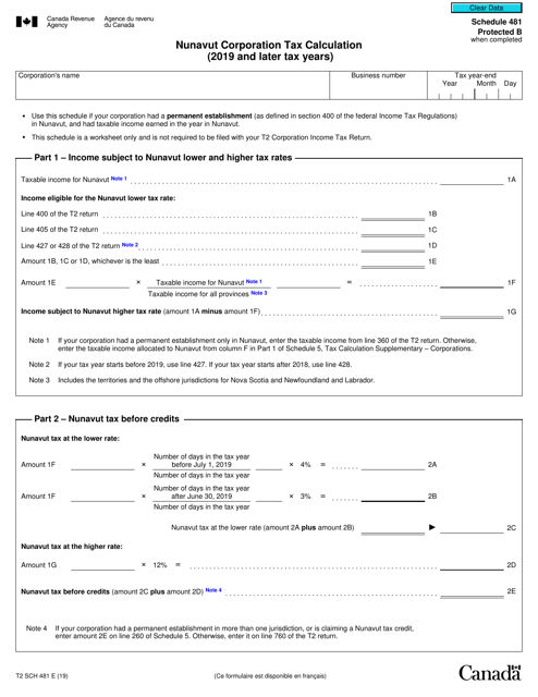 Form T2SCH481 Schedule 481 Nunavut Corporation Tax Calculation - Nunavut, Canada, 2019