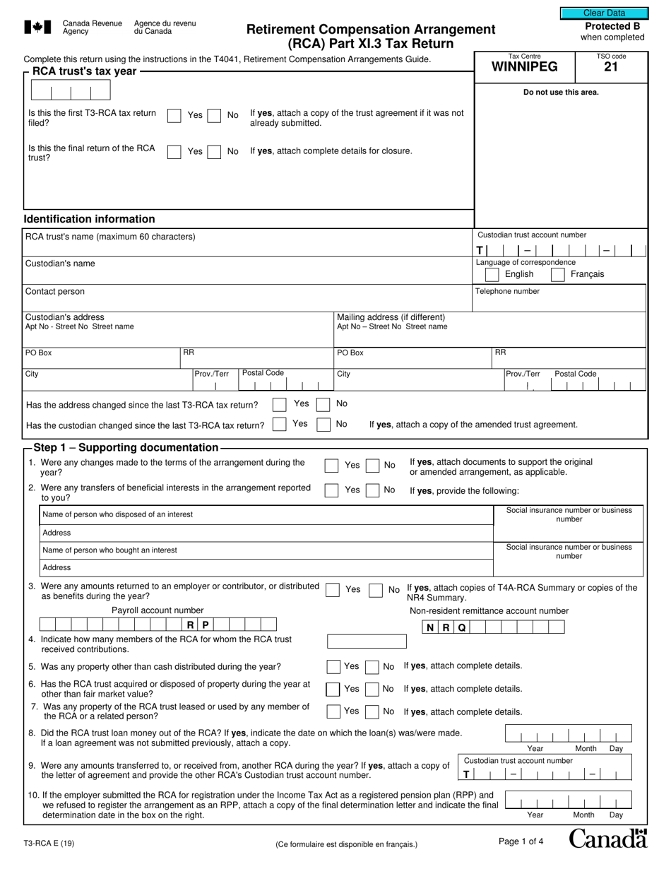 Form T3-RCA Retirement Compensation Arrangement (Rca) Part XI.3 Tax Return - Canada, Page 1