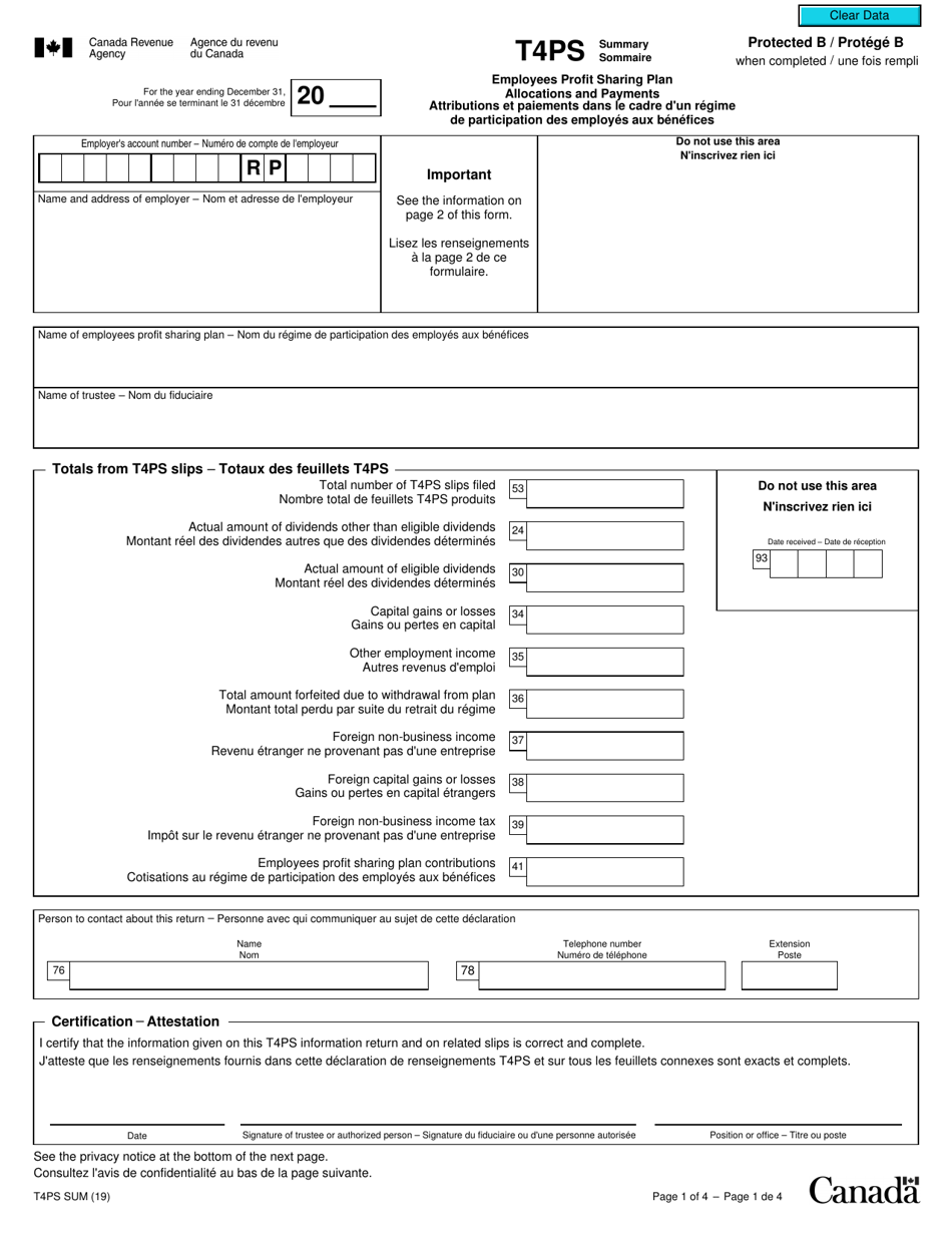 Form T4PSSUM Employees Profit Sharing Plan Allocations and Payments - Canada (English / French), Page 1