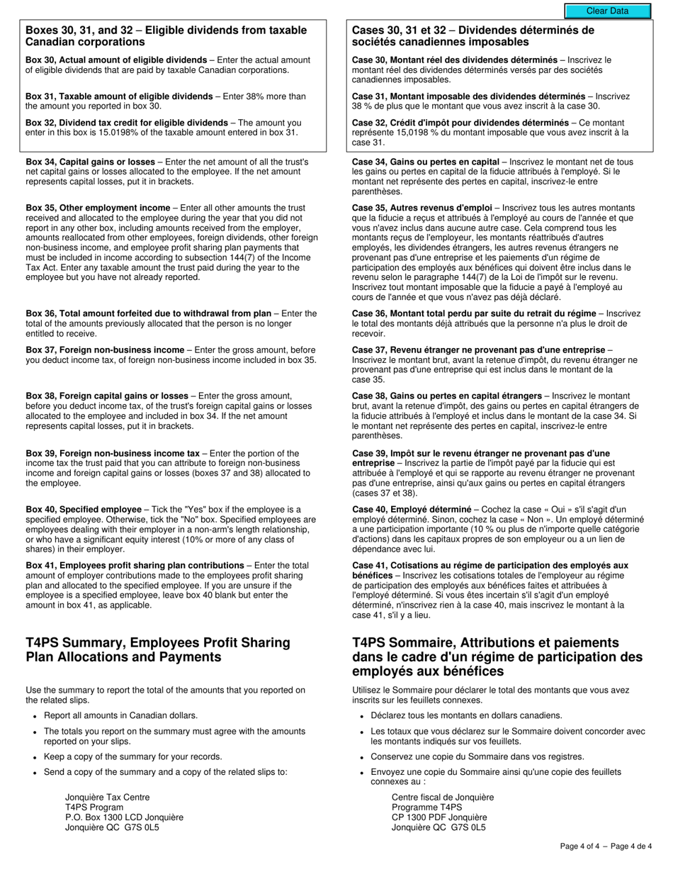 Form T4PSSUM Employees Profit Sharing Plan Allocations and Payments - Canada (English / French), Page 4