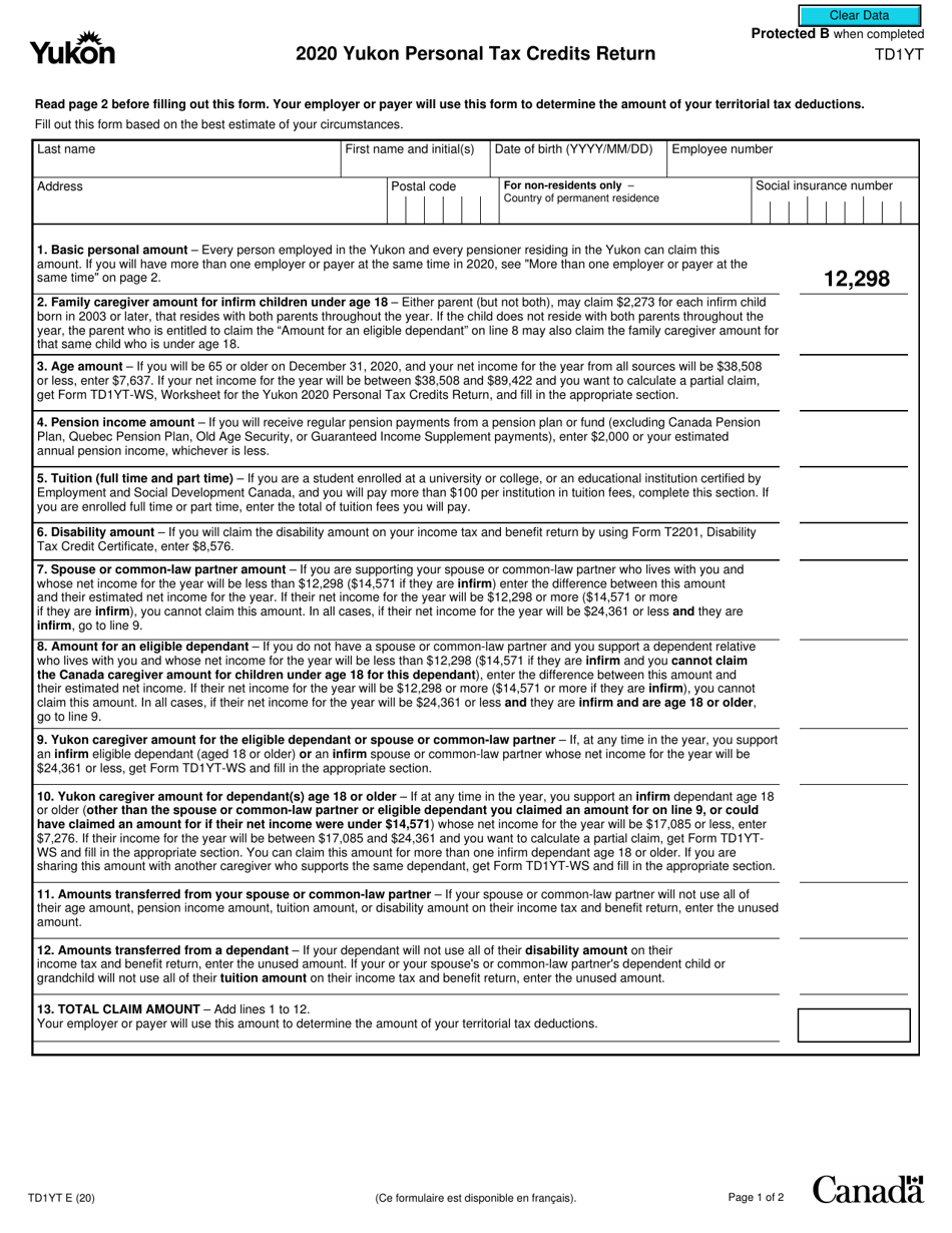 Form TD1YT Yukon Personal Tax Credits Return - Canada, Page 1