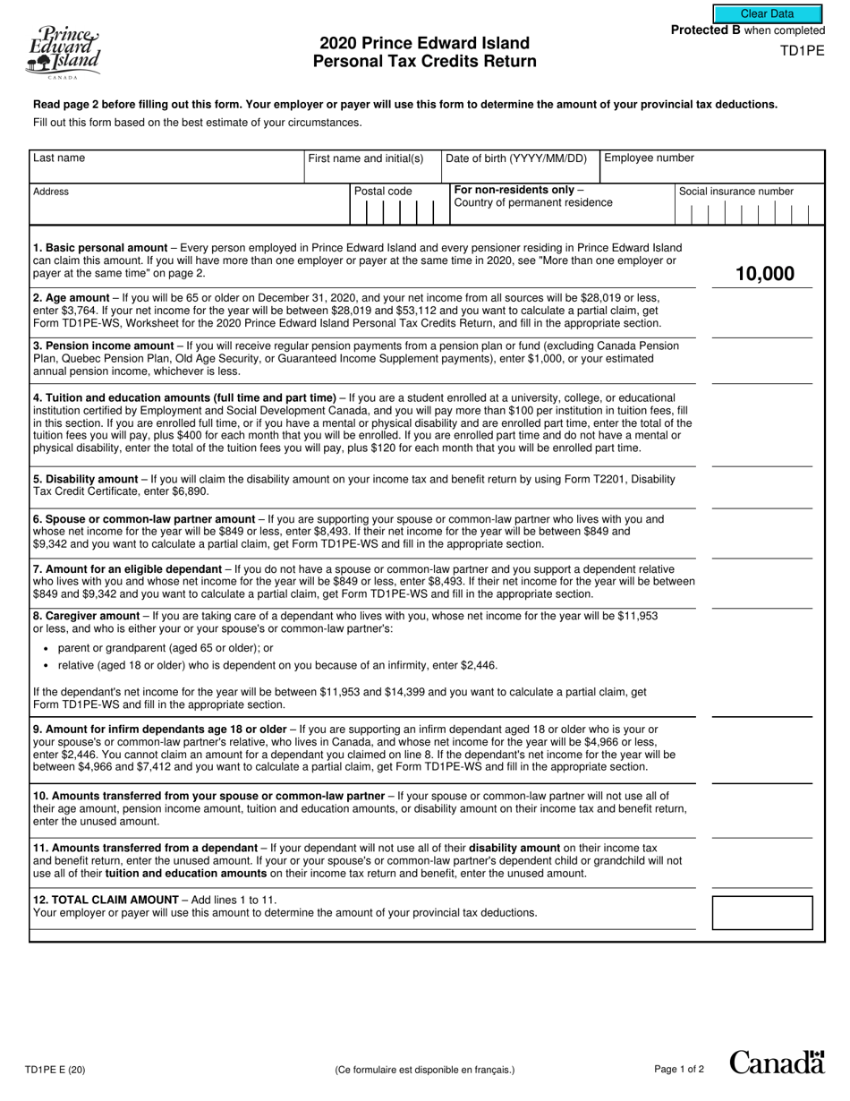 Form TD1PE Prince Edward Island Personal Tax Credits Return - Prince Edward Island, Canada, Page 1