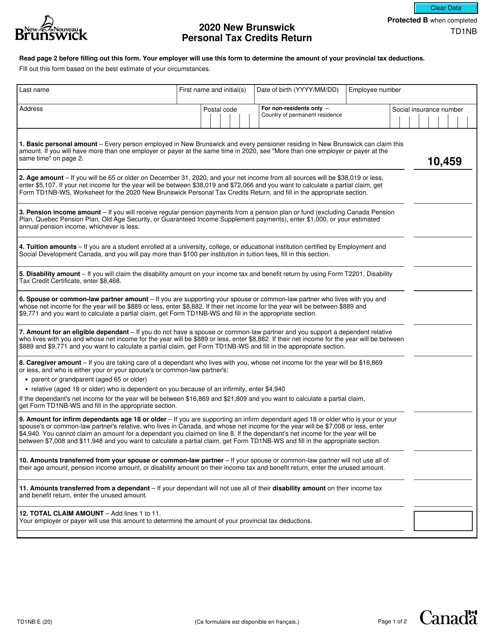 Form TD1NB New Brunswick Personal Tax Credits Return - New Brunswick, Canada, 2020