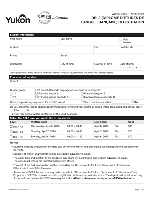 Form YG6714 Delf (Diplome D'etudes De Langue Francaise) Registration - Yukon, Canada
