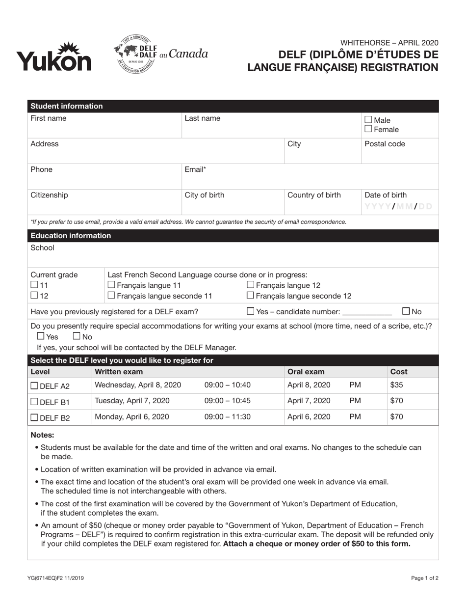 Form YG6714 Delf (Diplome Detudes De Langue Francaise) Registration - Yukon, Canada, Page 1