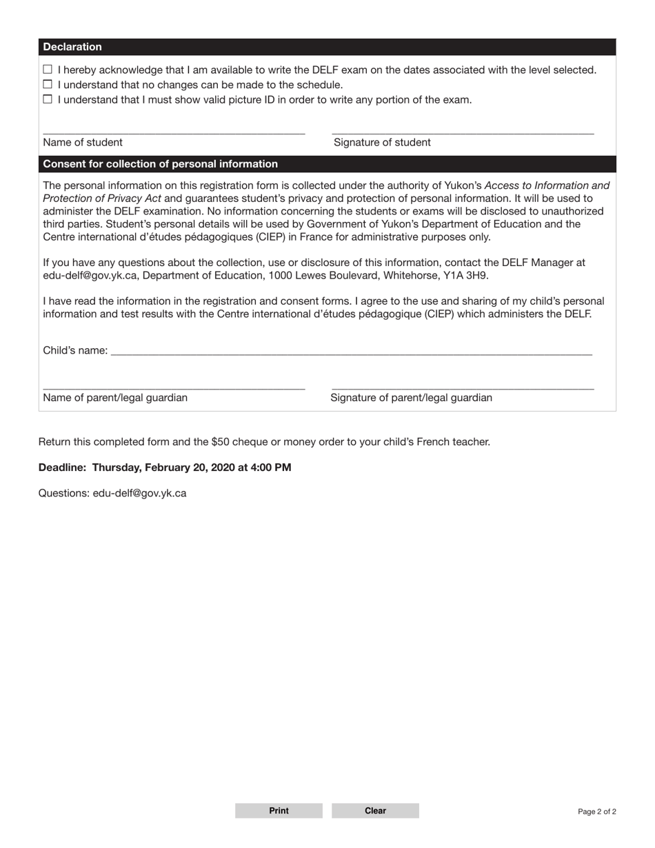 Form YG6714 Delf (Diplome Detudes De Langue Francaise) Registration - Yukon, Canada, Page 2